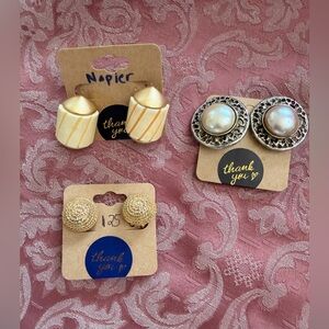 Napier Gold Tone and Cream Clip-On Earring Trio